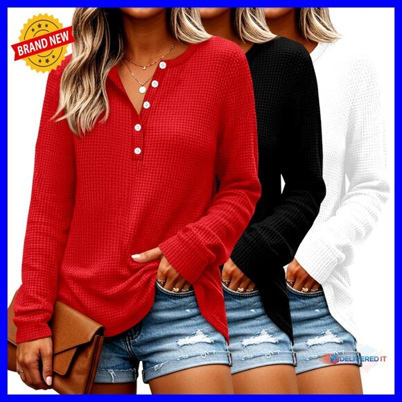 Tops - Oversized Waffle Knit Henley Top Long Sleeve V-Neck Button Up Sweater